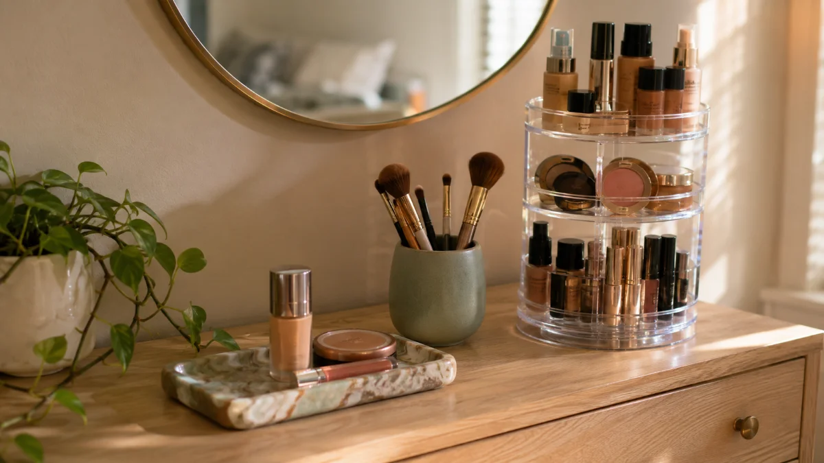 Makeup organization ideas: a tidy bedroom dresser top with an acrylic organizer, brush cup, and marble tray in warm morning light