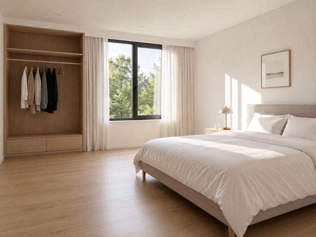 wide angle view of a minimal bedroom after decluttering showing open wardrobe with only a few garments and clear floor