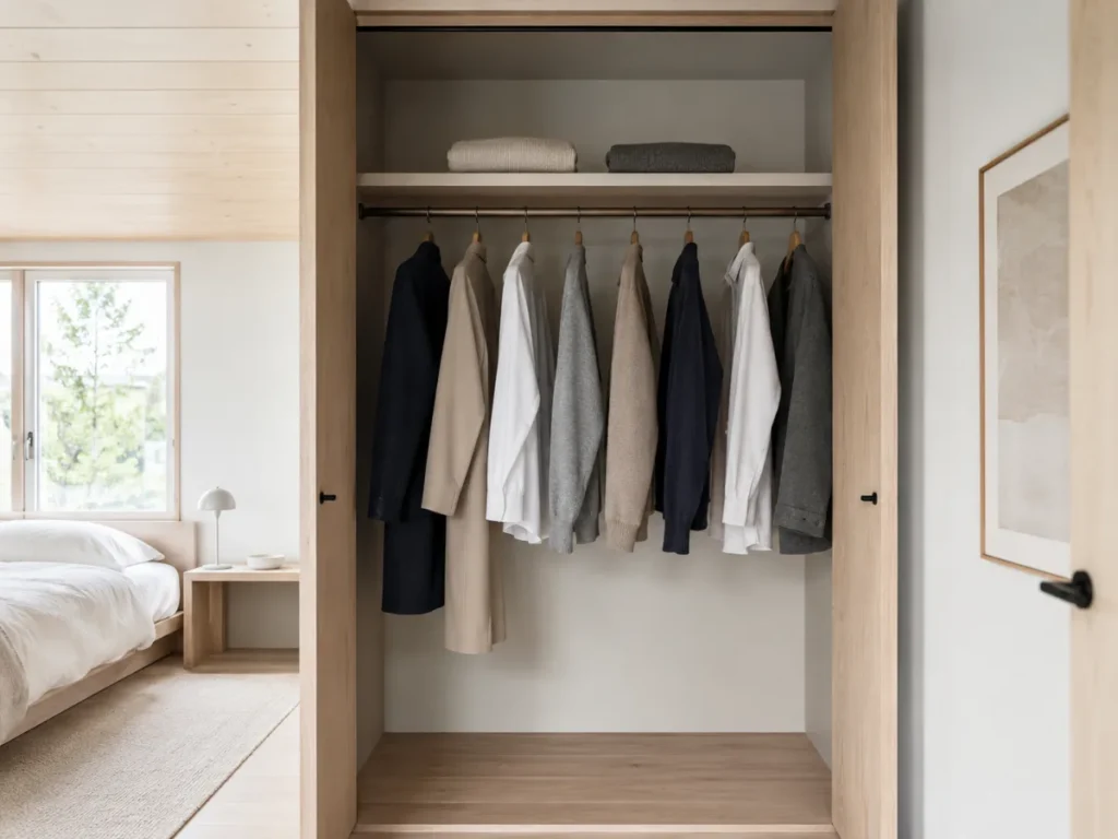open wardrobe with only a few neutral garments hanging and visible empty space on the rail.