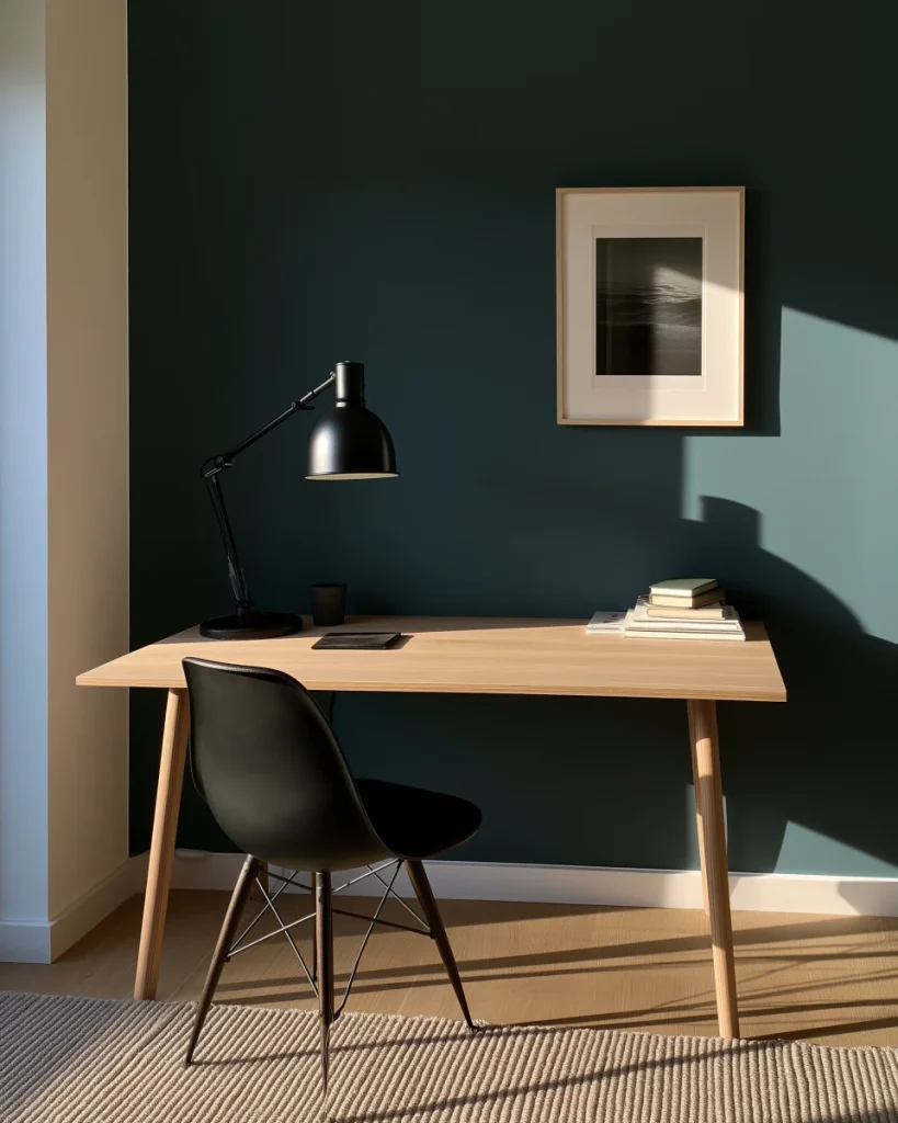 A completely bare pale ash desk against a deep teal wall, the starting point for a minimalist desk built by subtraction.