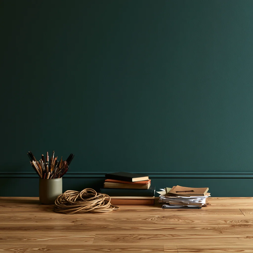 A pen pot, spare cables, books and a stack of paper set out on the floor after being cleared from a minimalist desk.