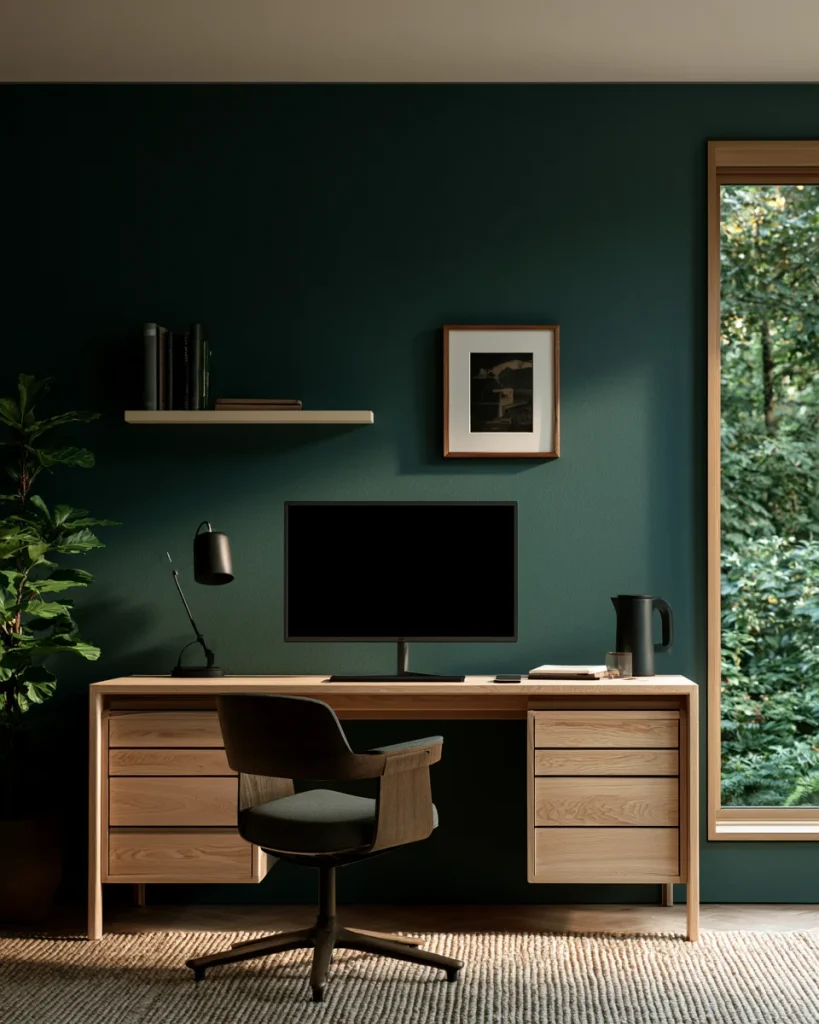 A monitor floating on a clamped arm above a clear pale ash desk, with one narrow cream shelf mounted higher on the teal wall.