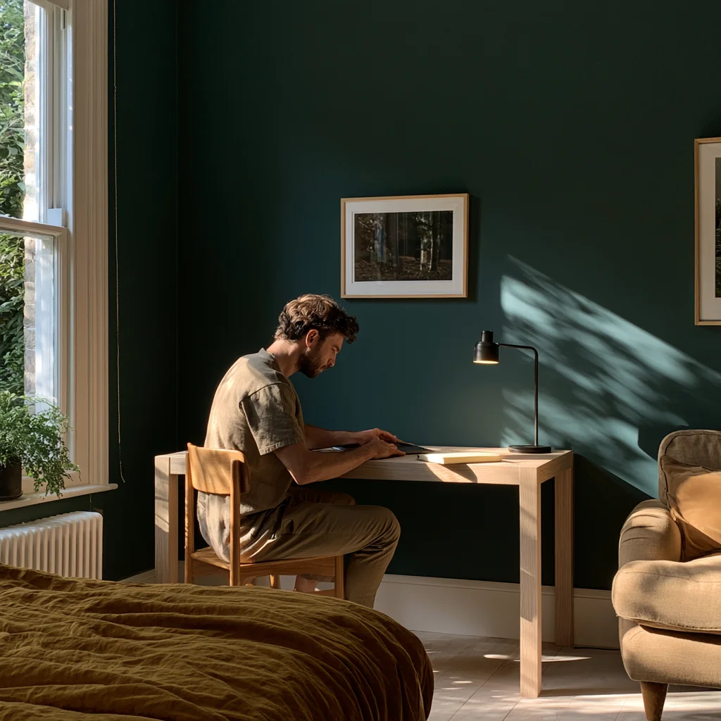 A small desk in a bedroom corner holding only a laptop and a notebook, cleared at the end of the day so the room reads as a bedroom.