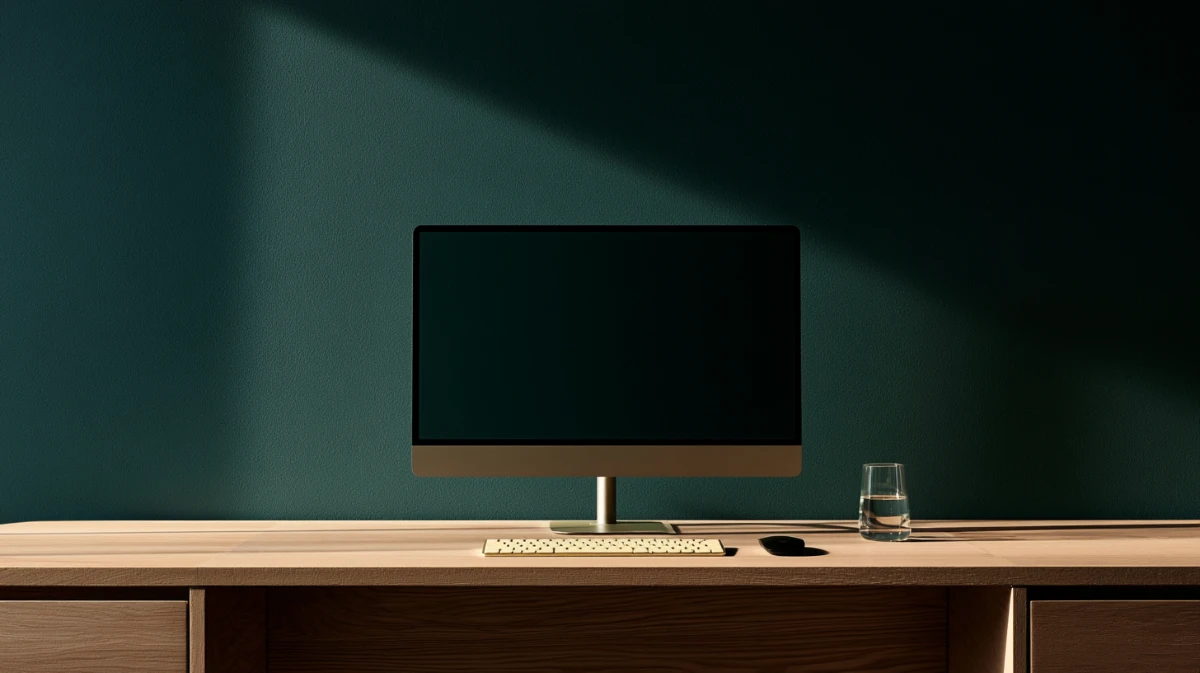 A minimalist desk holding only a monitor, keyboard, mouse and one glass of water, with clear pale ash surface either side.