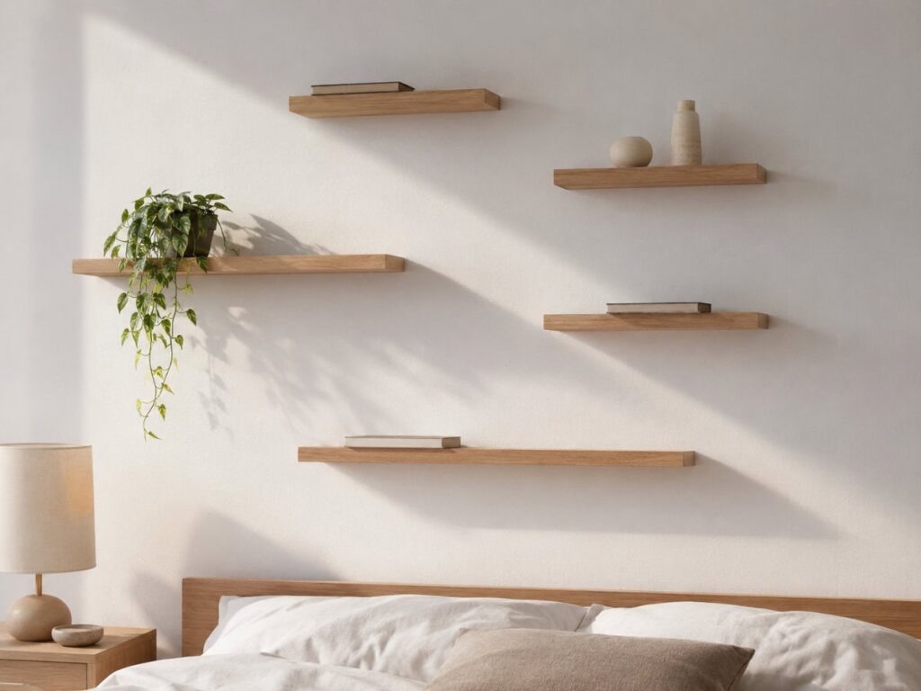 five floating shelves at different heights arranged as bedroom shelf ideas on a wall with plants, books, and ceramic objects