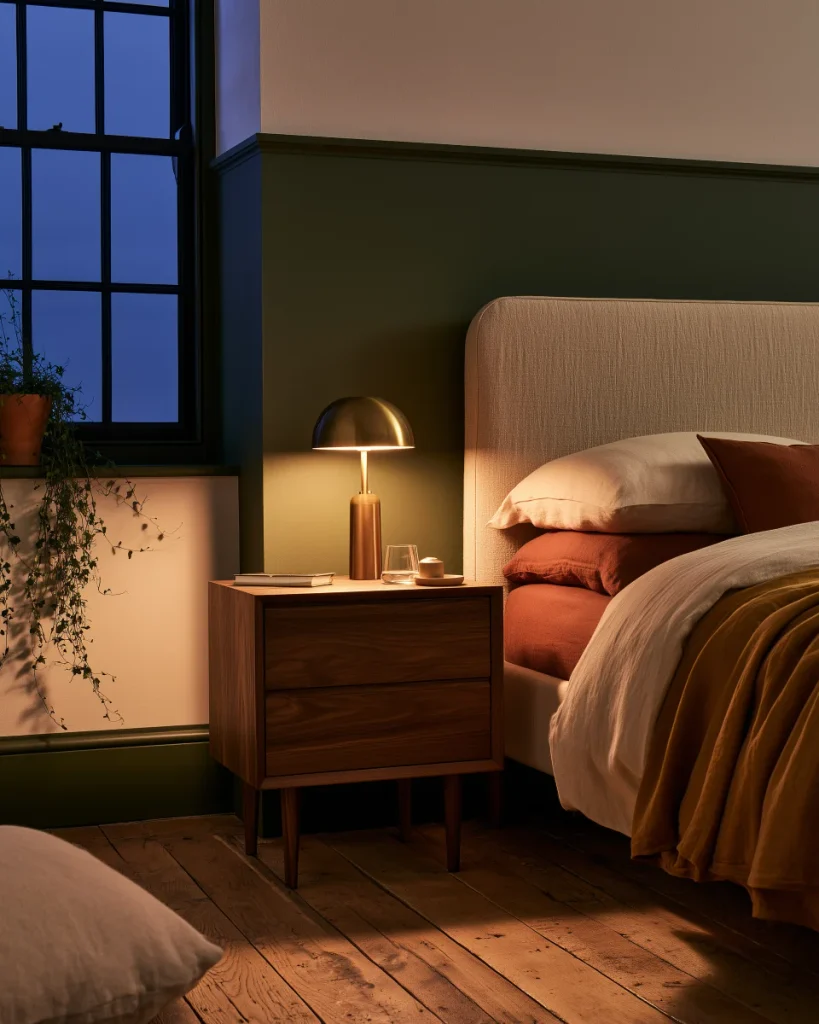 Nightstand holding only a lamp, water, one book and a dish, the core of good nightstand organization