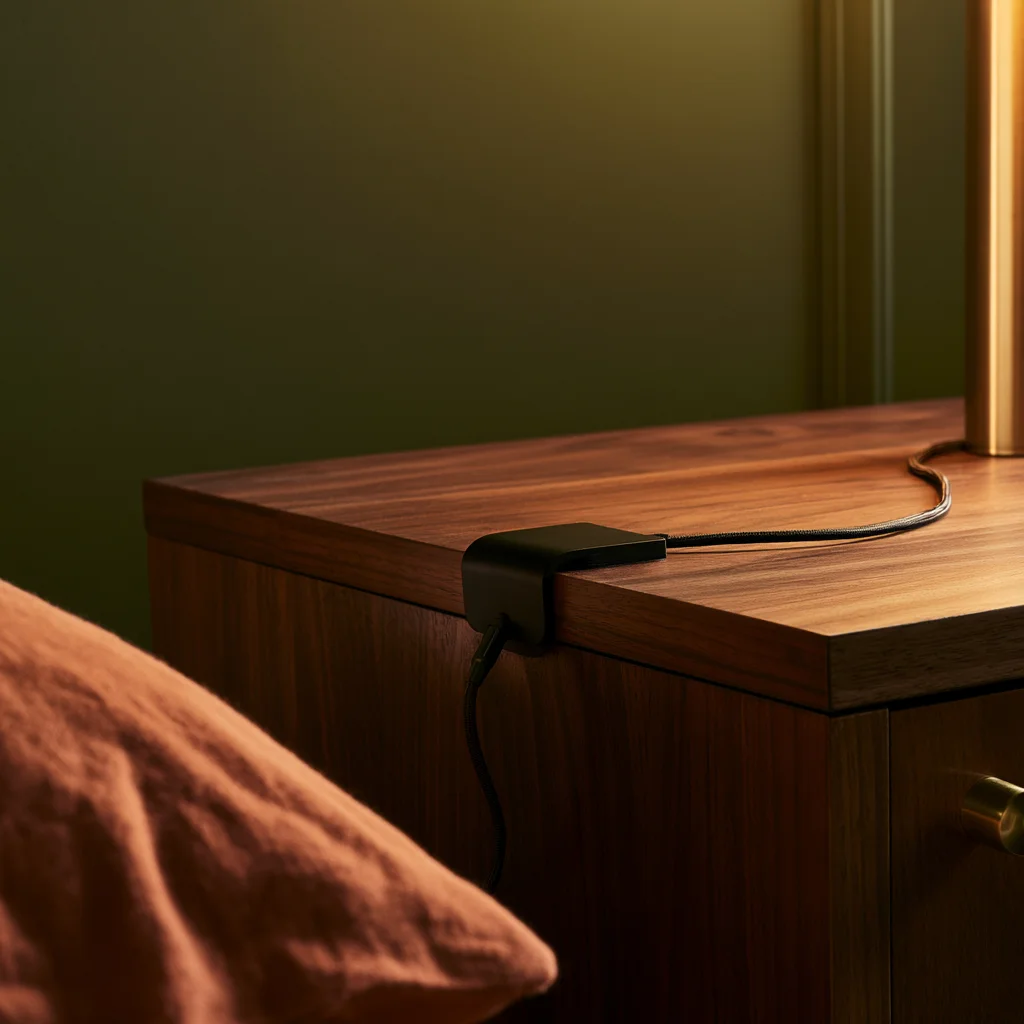 Cable clip on the back edge of a nightstand holding one charging cable with a loop of slack