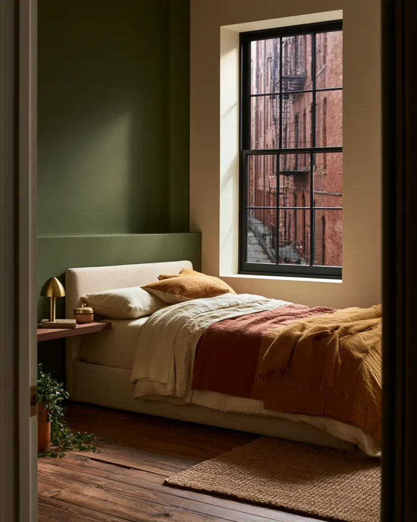 Shallow floating shelf beside a bed at mattress height, replacing a nightstand in a small room