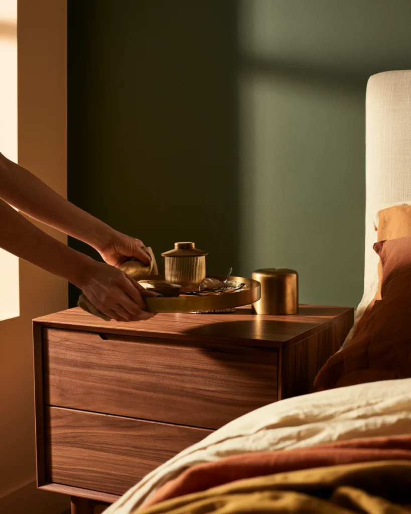 Hands lifting a tray off a nightstand to clear and wipe the surface in the morning