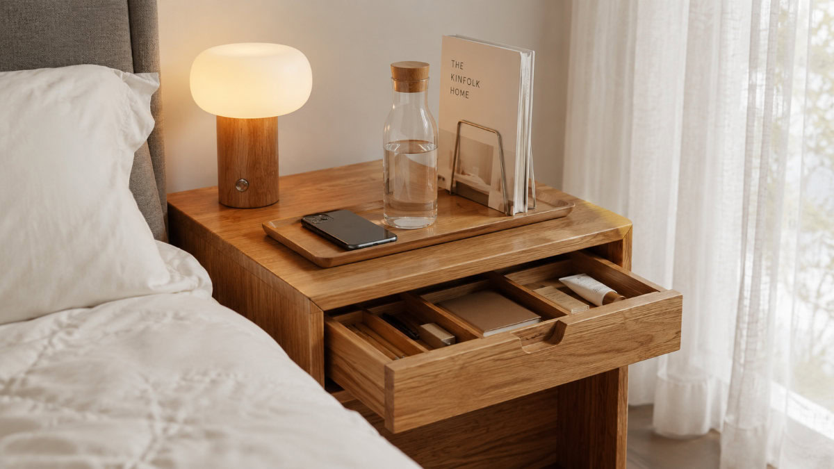 organized nightstand with open bamboo drawer dividers, tray, lamp and water carafe showing nightstand organization ideas