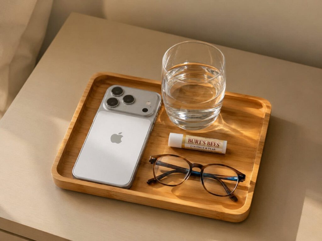 organized nightstand surface with bamboo tray holding phone, water glass, and minimal items