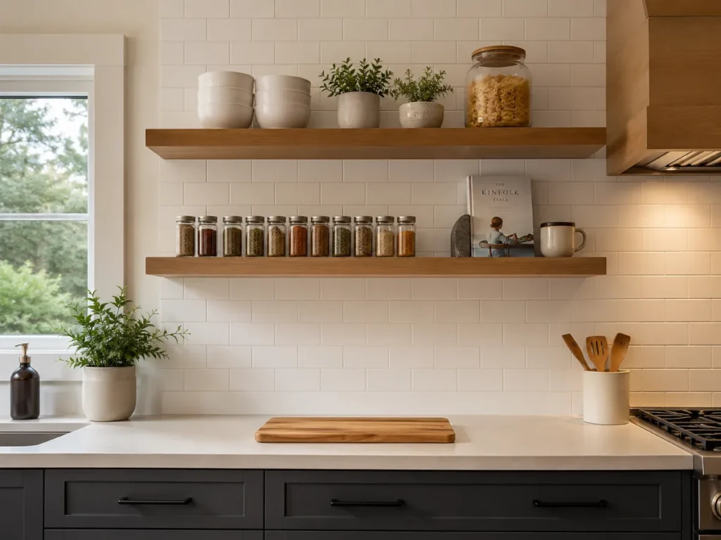 open floating kitchen shelves styled with the 70/30 rule showing stacked bowls, glass spice jars, a small plant, and one cookbook