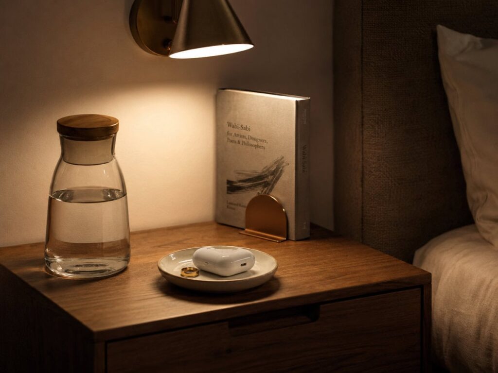 nightstand surface showing ceramic dish with ring and earbuds, water carafe, book in holder, and wall lamp above