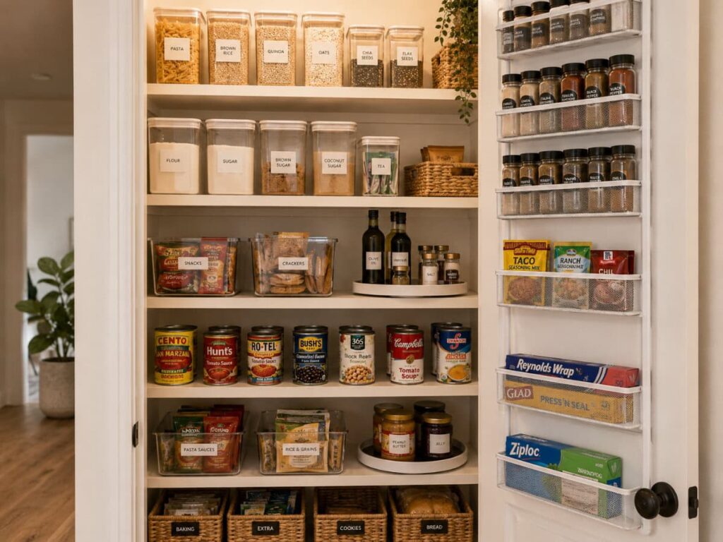 fully organized small pantry with clear containers lazy susan and labeled shelves