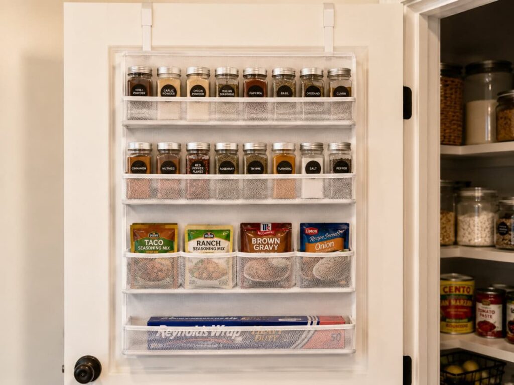 over the door pantry organizer on pantry door holding spice jars and seasoning packets