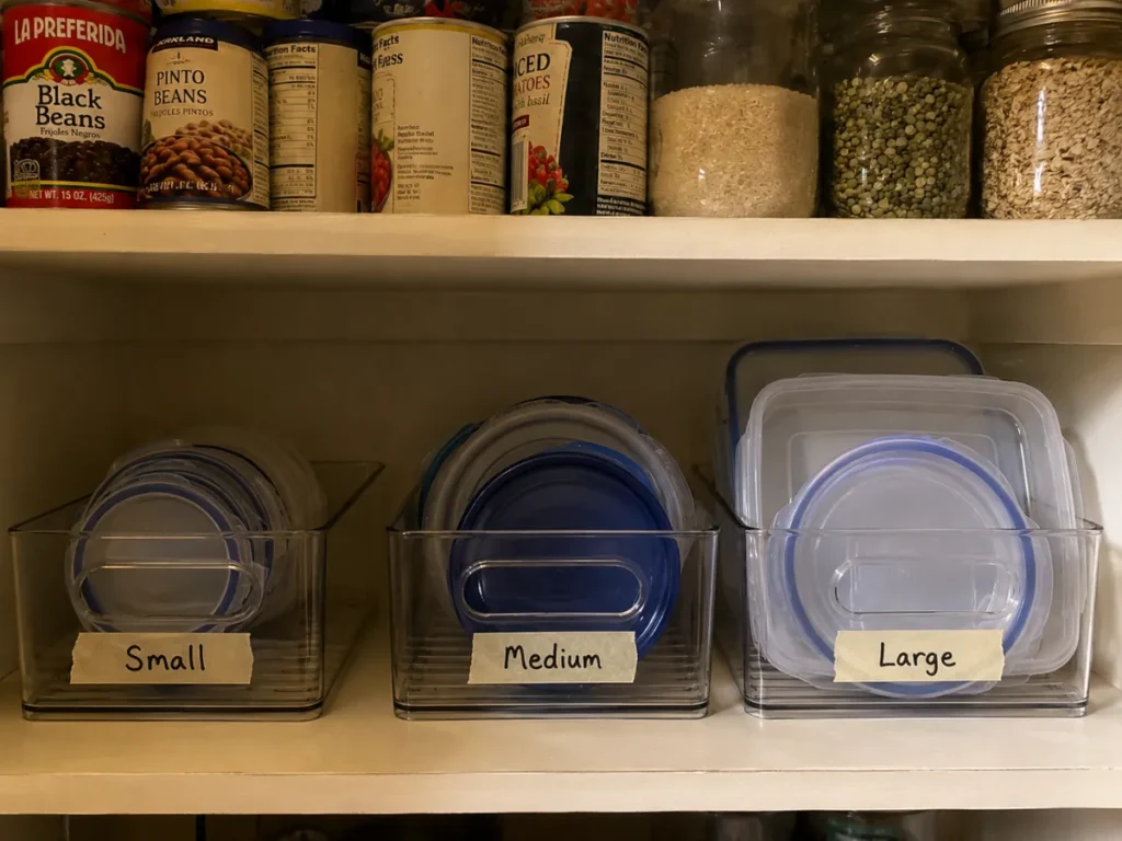 pantry tupperware organization ideas for small kitchens with three labeled clear bins on pantry shelf sorted by container size