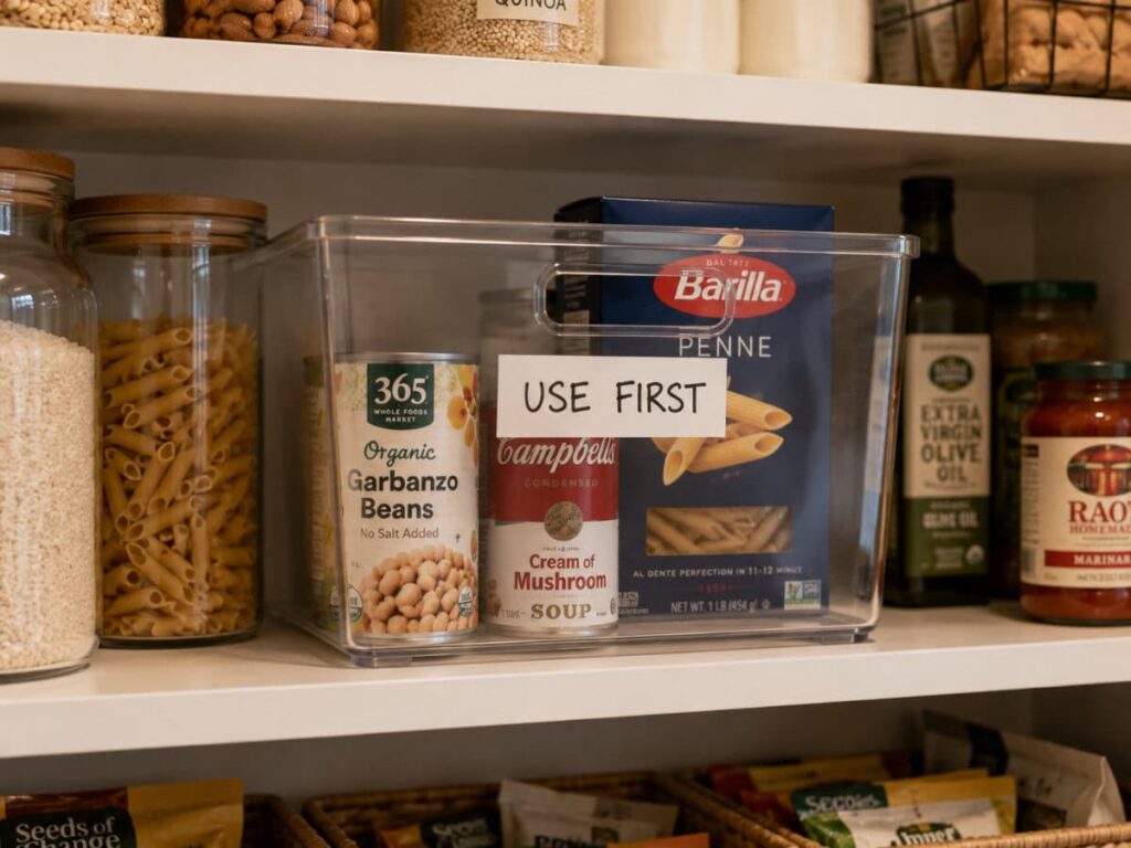 clear bin labeled use first on pantry shelf at eye level with food items inside