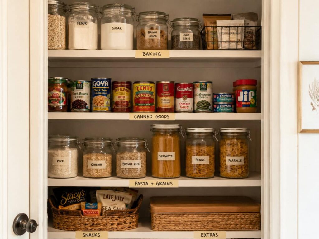 small pantry closet organized into labeled zones with cans grains and snack baskets