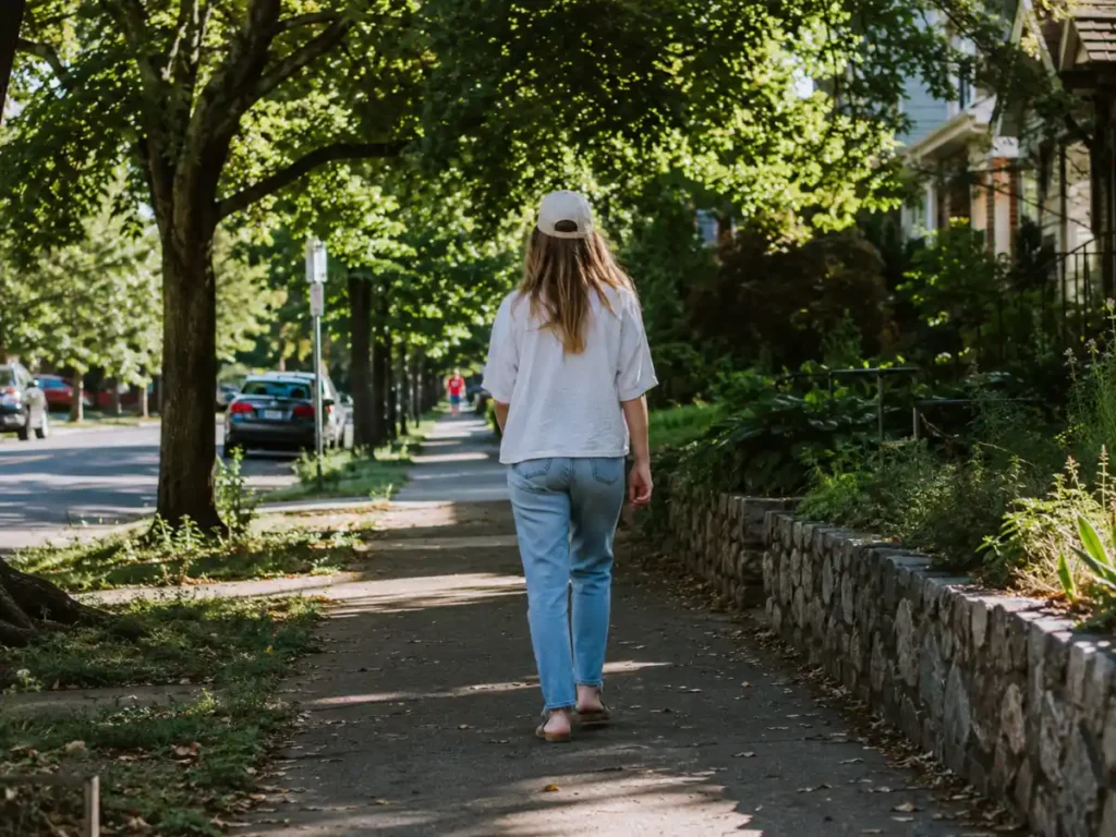 person walking on a quiet outdoor path as an alternative to shopping, redirecting the urge to buy things