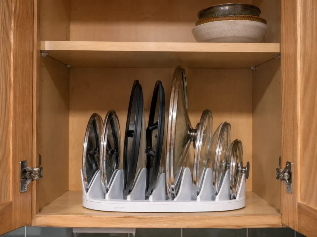 pots and pans lid storage ideas with spinning lid organizer inside a small kitchen cabinet
