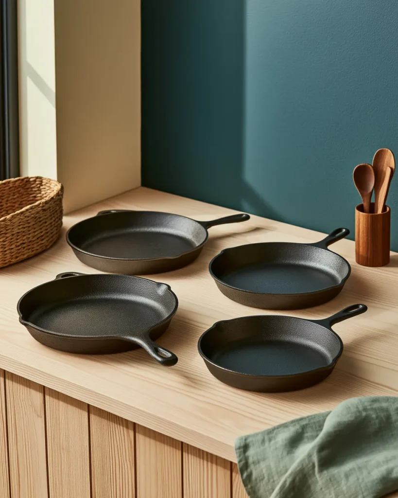Three skillets laid flat on a counter with their handles spread out, showing how much shelf pots and pans take once the handle is counted.