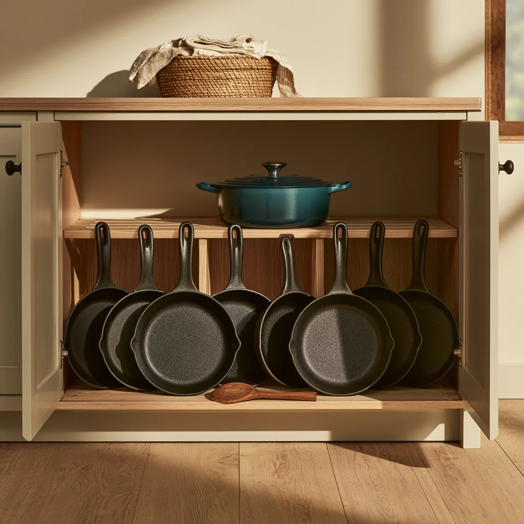 Nine pots and pans filed upright on edge between dividers in an open base cabinet, with every handle facing out as a pull.