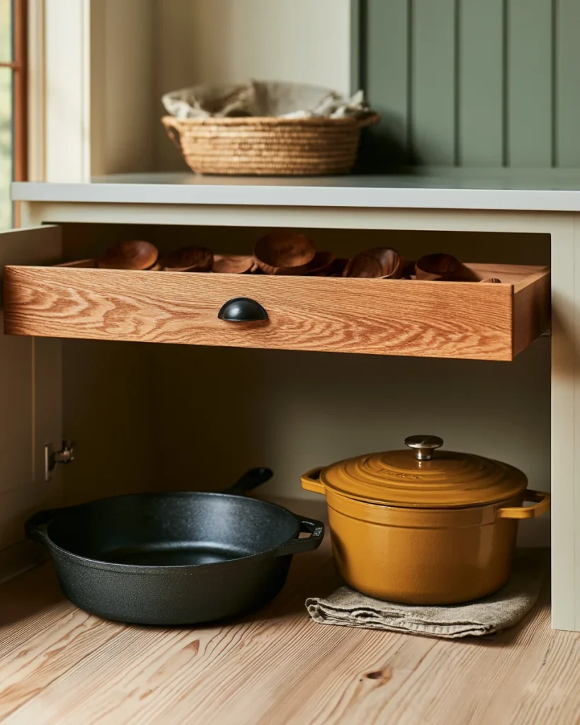 Cast iron pans stored on the floor of a base cabinet rather than in a drawer, keeping the weight off the drawer slides.