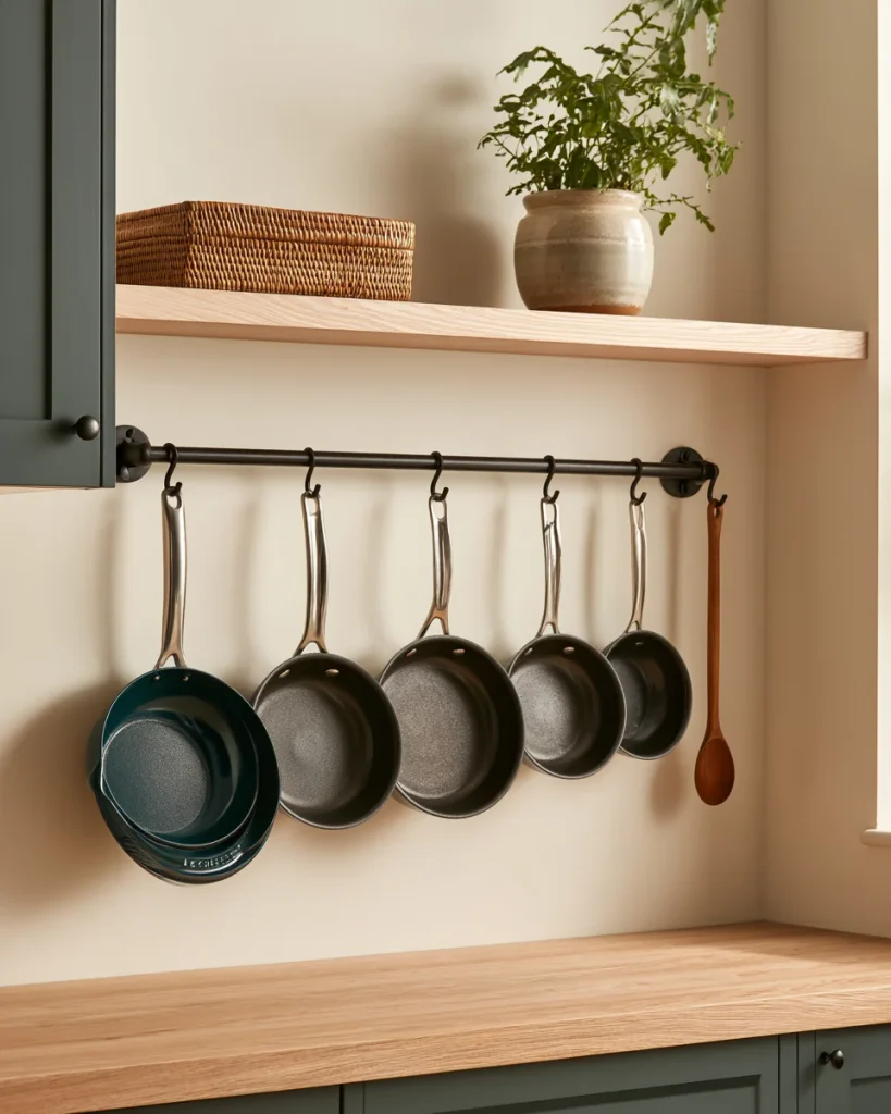 Pots and pans hanging by their handles from a black iron rail on a kitchen wall, using the handle as the hanging point.