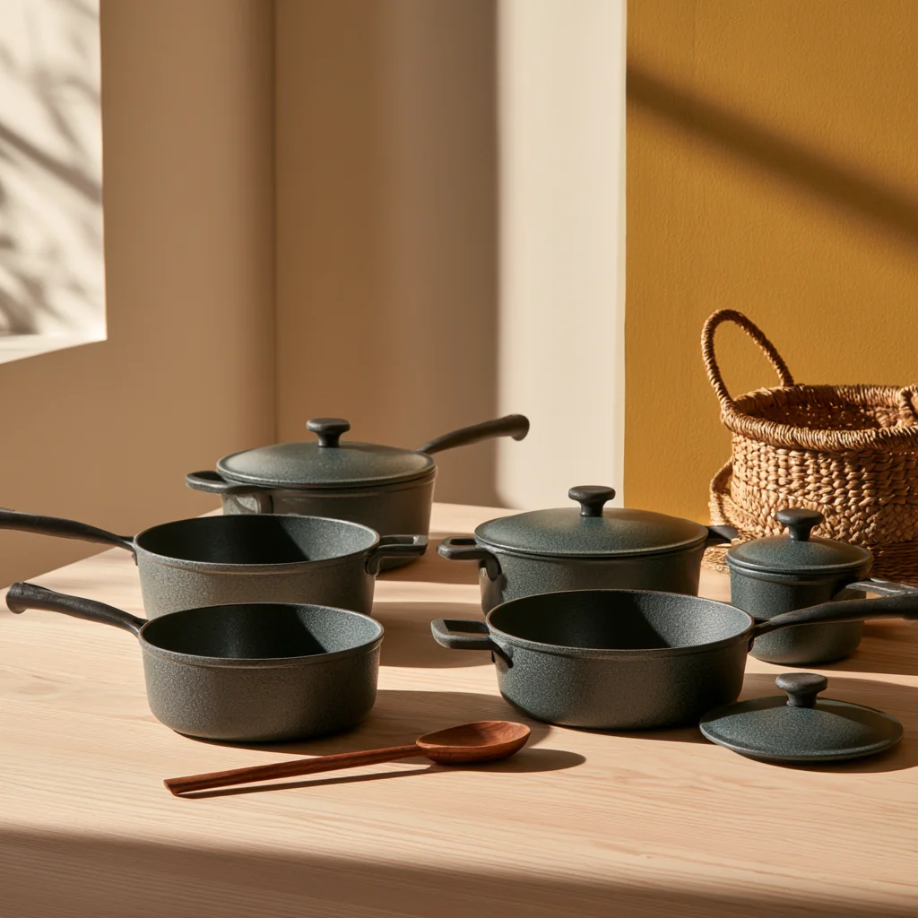 A twelve piece set of pots and pans laid out on the floor and separated into four pieces kept and eight to leave.