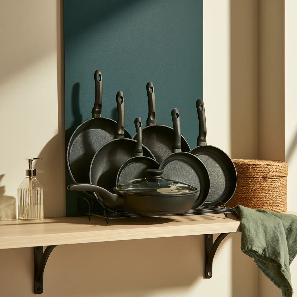 Pan lids filed upright in a black wire rack sorted by diameter, with the glass ones at the bottom.