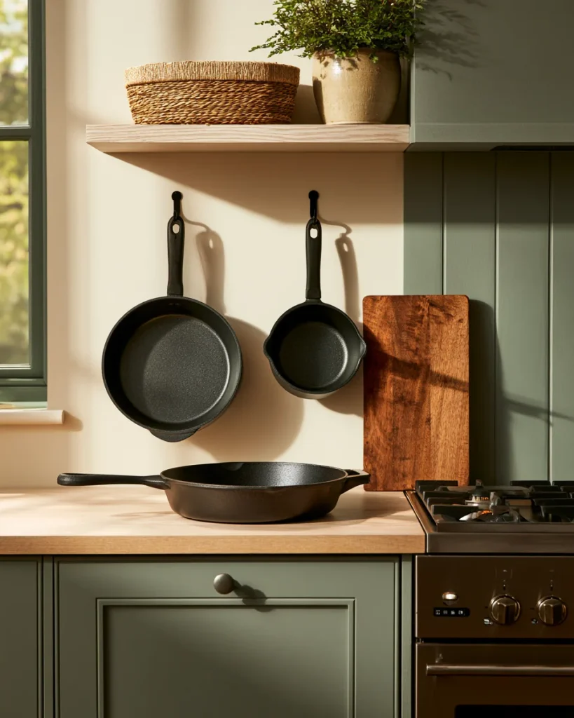 The two pans used every day left out on the hob and a hook rather than stored, with the cabinet below closed.