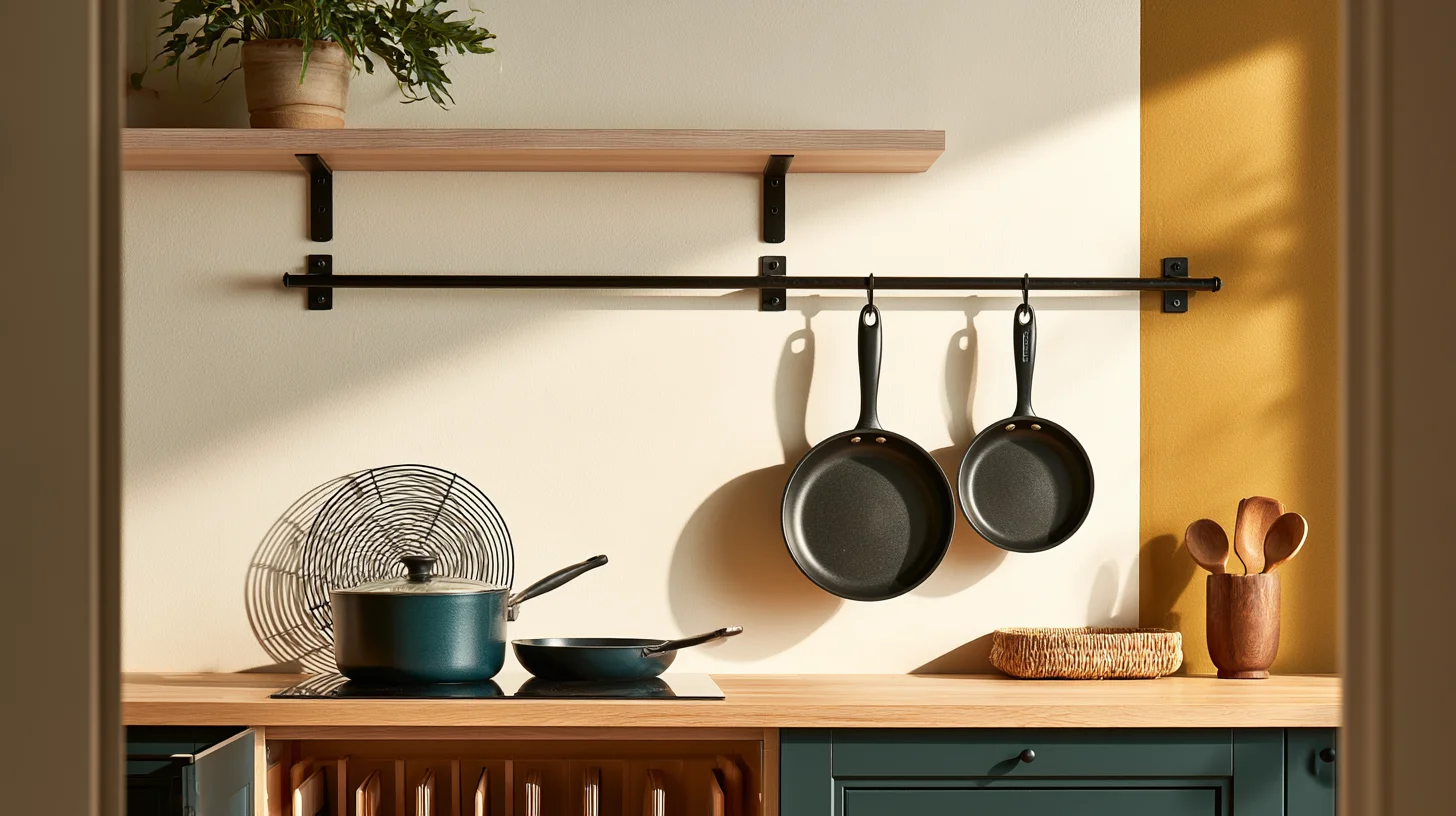 A small kitchen with one base cabinet open showing pots and pans filed on edge, a lid rack beside them and a hanging rail above.