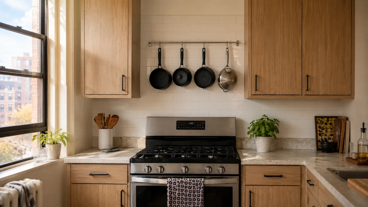 pots and pans storage ideas for small kitchens with wall-mounted rail and hanging pots above stove