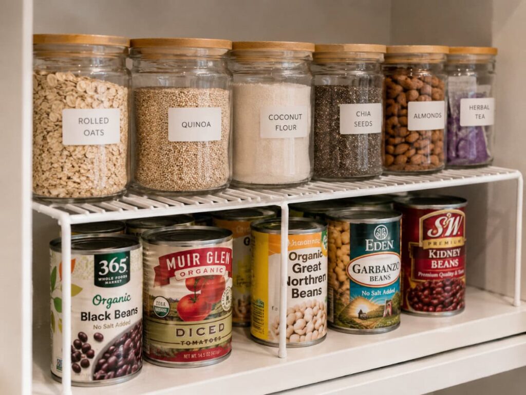 shelf riser on pantry shelf creating two tiers with jars above and cans below