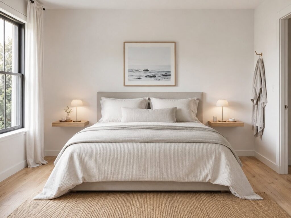 small bedroom showing both sides of bed with matching floating shelves as organized nightstands