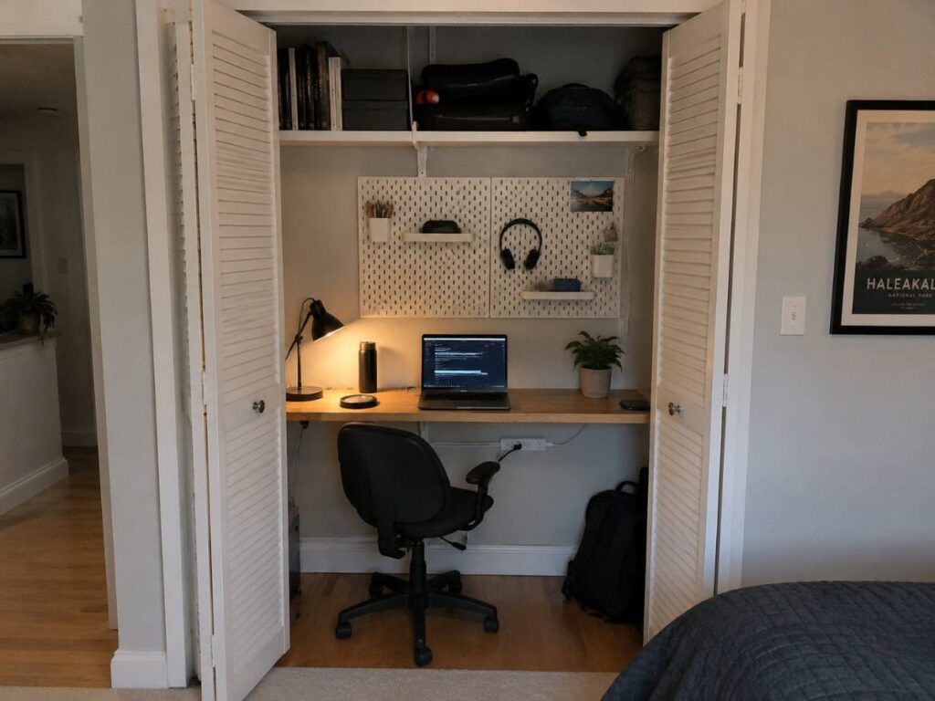 closet desk conversion in a small bedroom with pegboard and laptop shelf