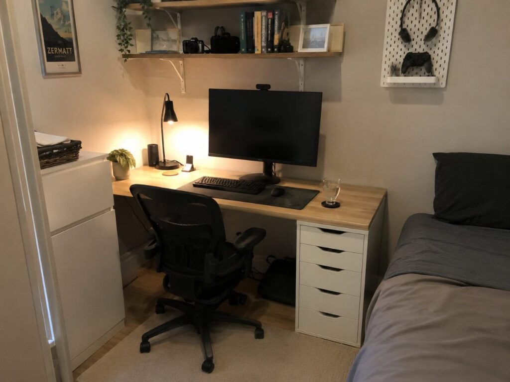 corner desk setup in a small bedroom with monitor and drawer unit