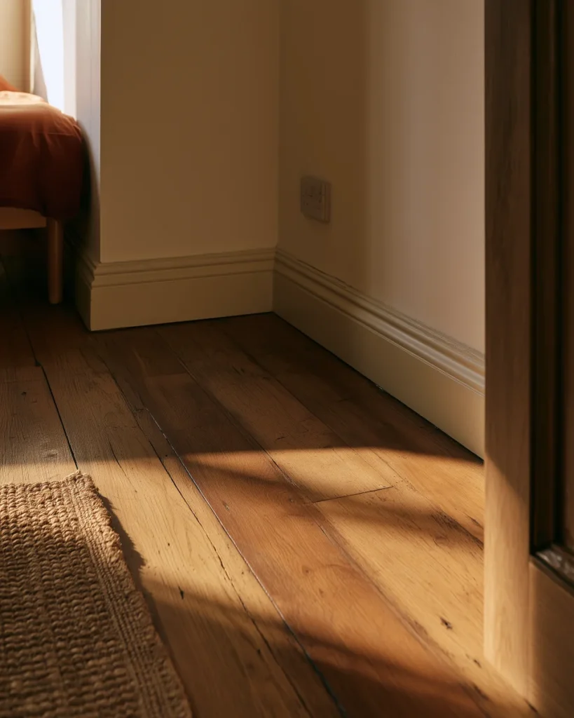 Floor level view of a bedroom showing the one clear wall run available for a desk