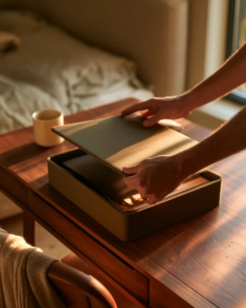 Hands closing a lidded box holding a laptop and notebook so the desk clears each evening