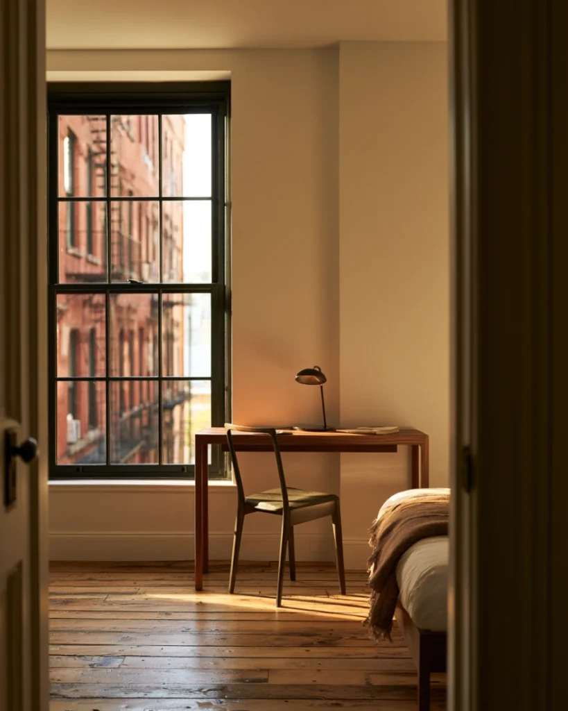 Shallow wall mounted desk with no legs and clear floor beneath it in a small bedroom