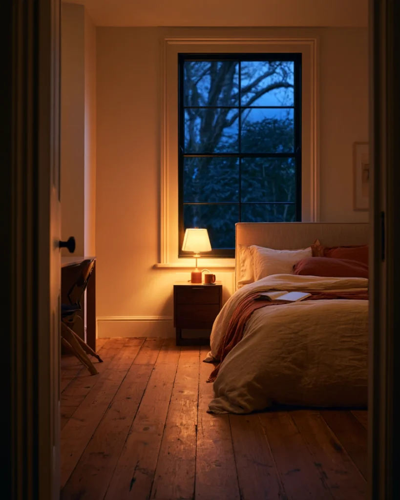 Bedroom at dusk with the desk lamp off and the bedside lamp on, marking the end of the working day