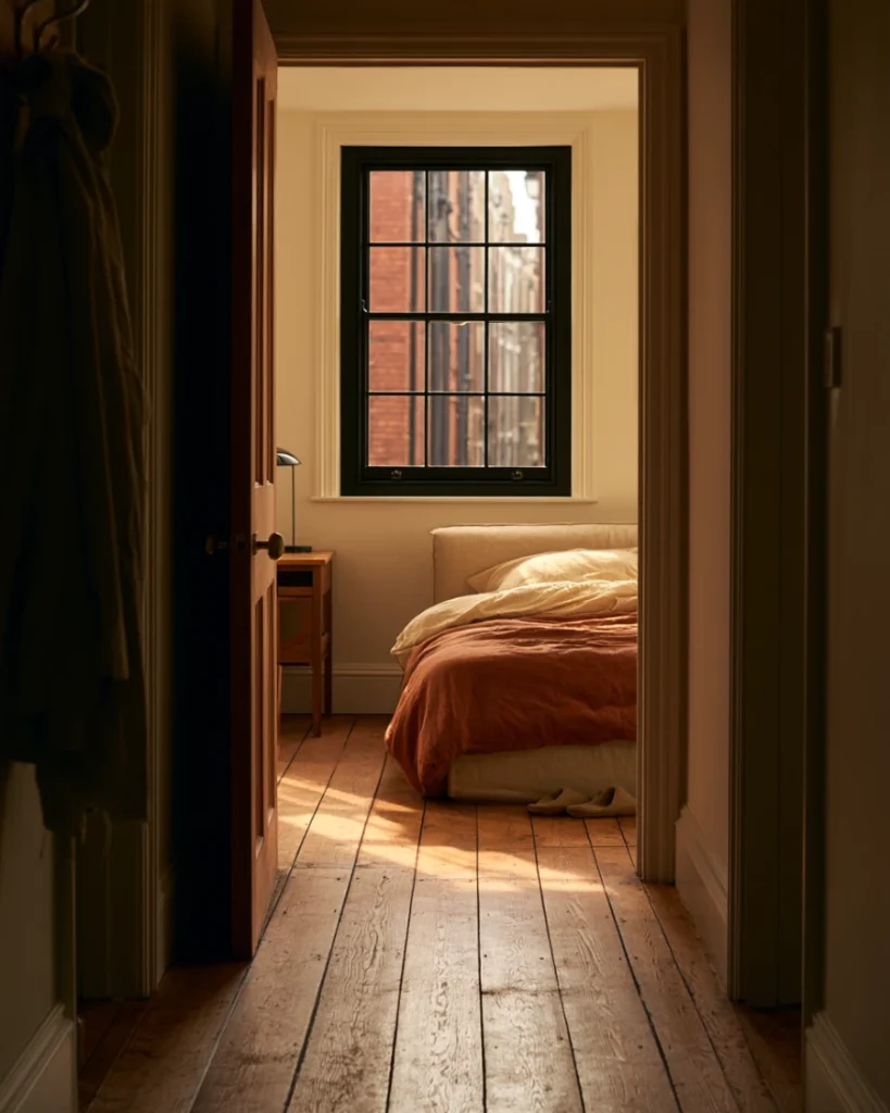 View through a doorway into a bedroom holding both a bed and a desk that faces away from it