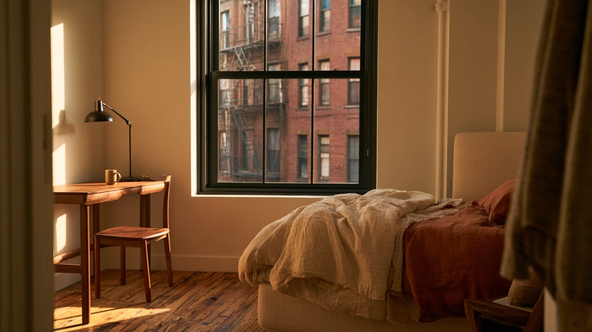 Small bedroom desk beside the window with the bed in the darker corner across the room