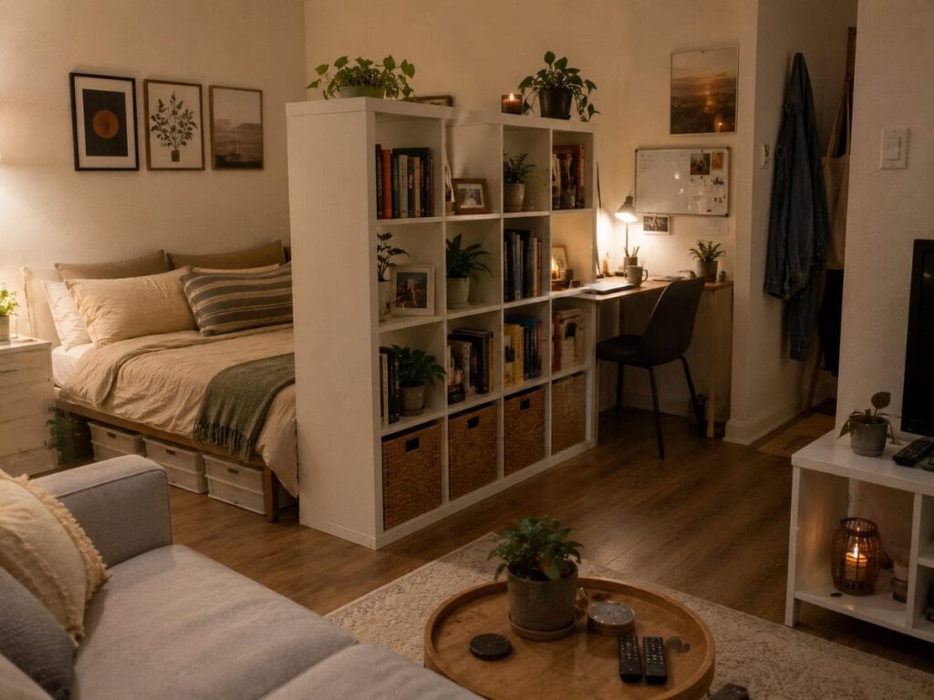 desk nook behind bookshelf room divider in a studio bedroom