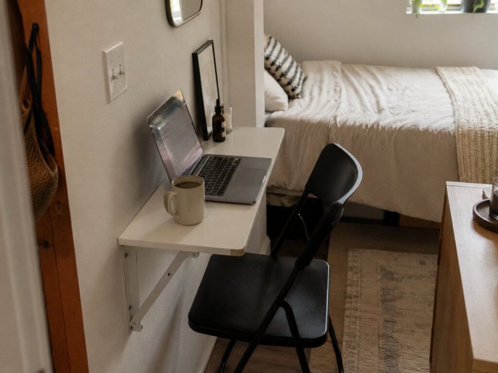 wall-mounted drop-leaf desk open in a small bedroom