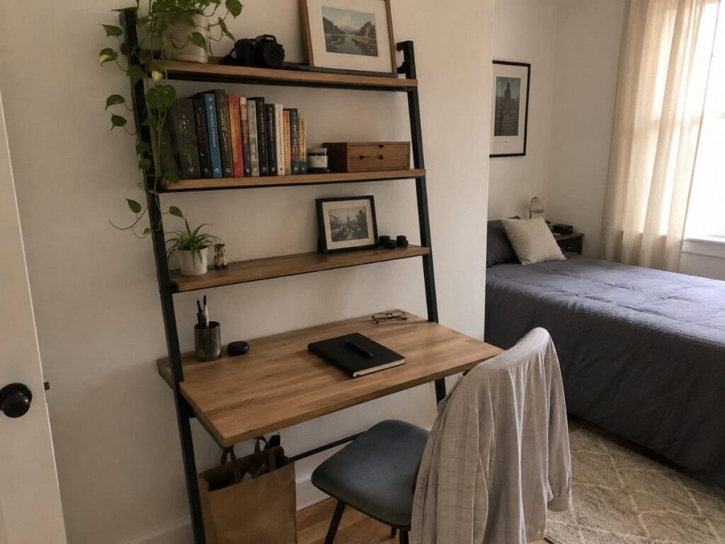 ladder desk with open shelves in a small bedroom