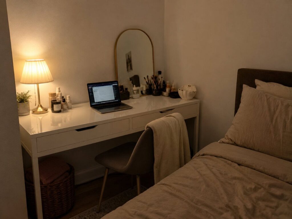 mirrored desk in a windowless small bedroom with daylight lamp