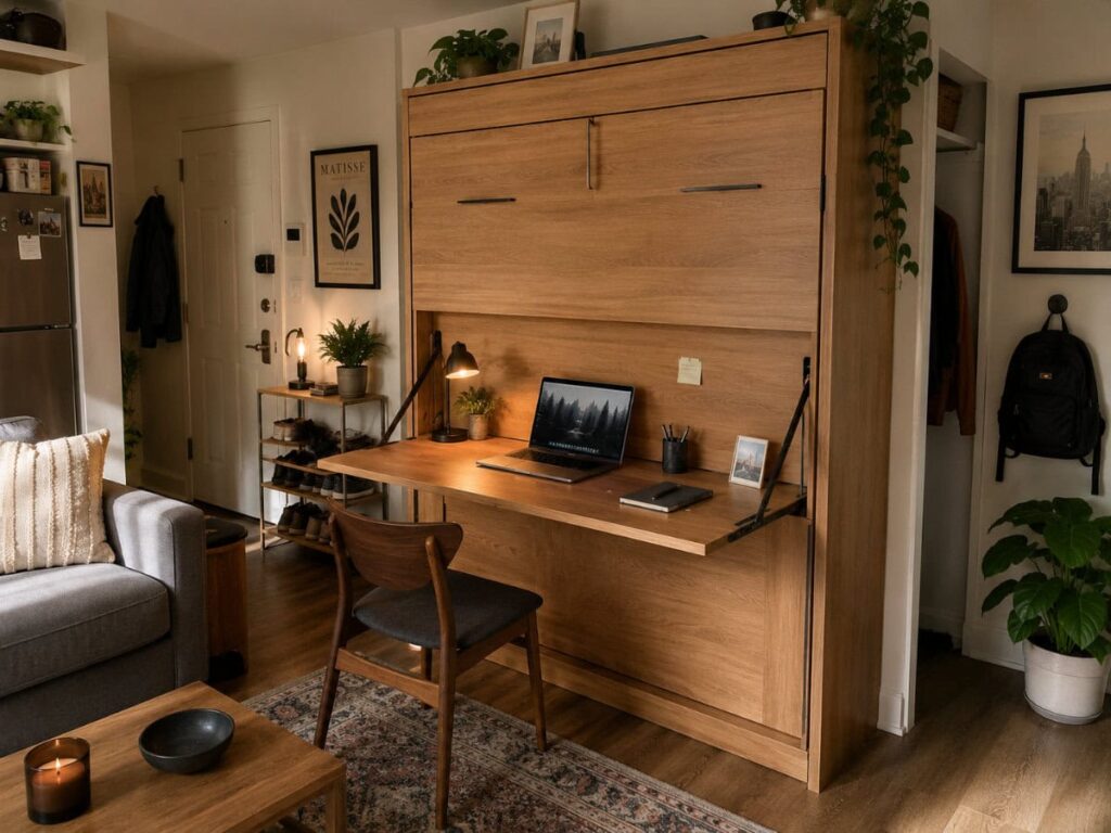 murphy bed with fold-down desk in a small bedroom or studio apartment