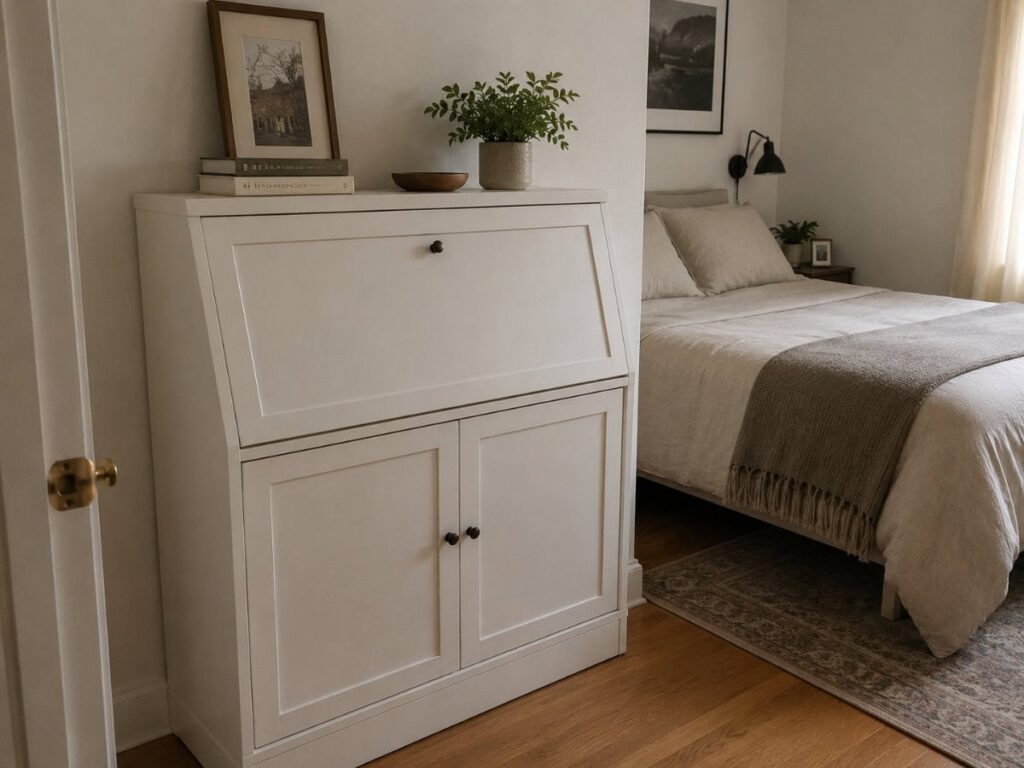 secretary desk closed in a small bedroom looking like a cabinet