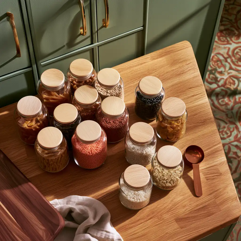 Glass jars of pasta, lentils and rice sorted into three groups, the first step in small pantry organization